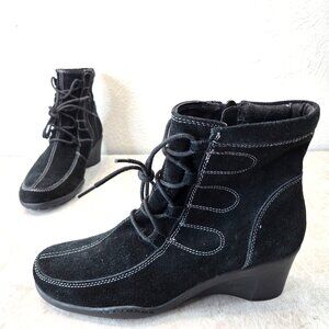 Aerosoles Ankle Boots Wedge 8 Black Suede Victorian Retro Lace Up Comfort Bootie